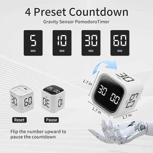 Productivity Timer Flip Gravity Sensor Cube Timer Countdown & Countup,Mute & Vibrate & Sound,5/10/30/60min & Custom Timing, Perfect for ADHD,Work,Learning,Kitchen Cooking (3, Black+White+Blue)