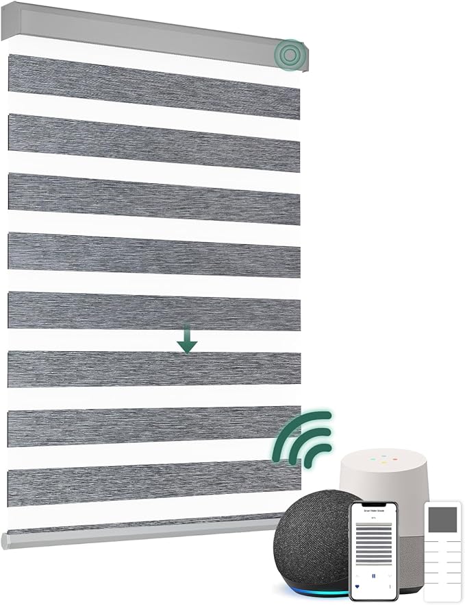 Motorized Zebra Blinds, Cordless Blackout Window Shades with Remote, Custom Dual Layer Smart Roller Shades Compatible with Alexa Google Assistant, Automatic Light Filtering Blinds,Texture Gray