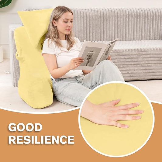 Portable Reading Pillows with Headrest for Bed Sitting Up(Yellow Oeko-Tex), Velvet Back Pillow with Arms & Pockets for Adults, Support Memory Foam Bed Pillow for Dorm/Reading/Watching/Gaming