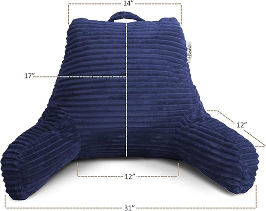 Nestl Reading Pillow with Shredded Memory Foam, Luxe Cut Plush Back Pillow for Sitting Up in Bed, Back and Arms Adjustable Support for Adult & Teens, Backrest Pillows with Washable Cover Navy Blue