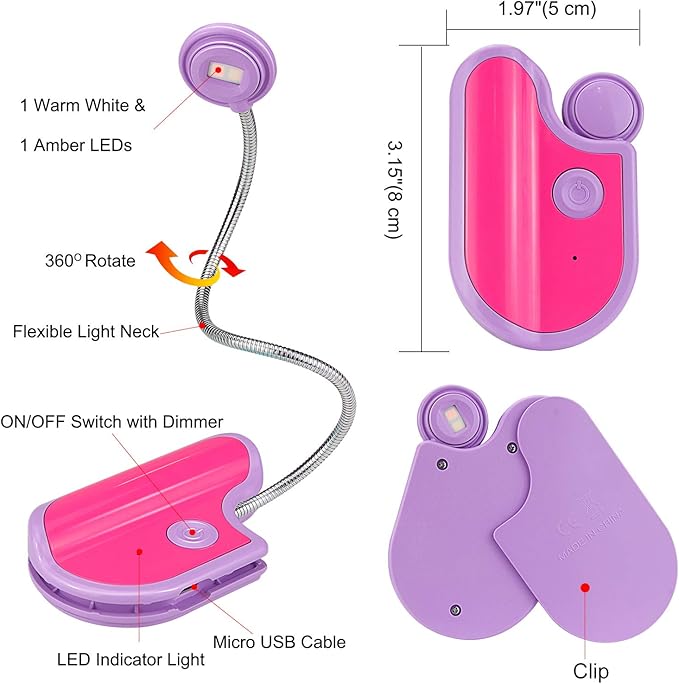 Amber Reading Light Rechargeable, Book Light Kids for Reading in Bed, Clip On Reading Book Light, 2 Lighting Modes, Blue Light Blocking for Eye-Care, Small Bookmark Light for Bookworm-Violet