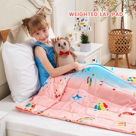 yescool Unicorn Weighted Blanket 7 Pounds Cooling Weighted Lap Blanket, Pink Rainbow Heavy Blanket, Breathable Weighted Throw Blanket Gift for 60-80lbs, 40"x60"