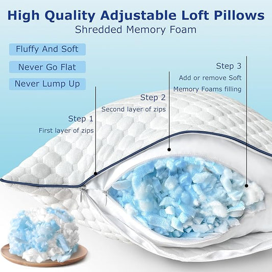 Shredded Memory Foam Pillows Queen Size Set of 2, Queen Pillows for Sleeping 2 Pack, Adjustable Firm Pillow for Side Back Stomach Sleepers, Washable Bed Pillow