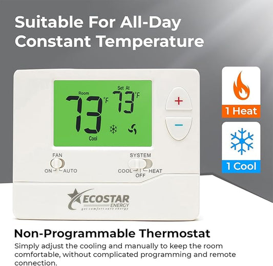 Non-Programmable Conventional Single Stage 1 Heat/1 Cool Energy Saving Digital Thermostat with Green Backlight for Home & Commercial Air Conditioning/Heating/HVAC Systems, Easy DIY Installation