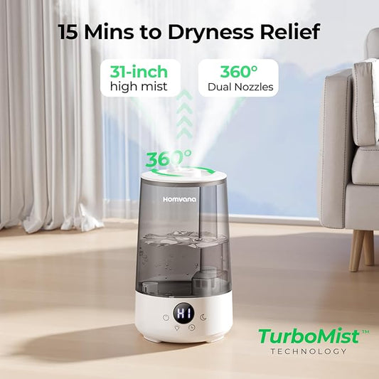 Homvana Humidifiers for Bedroom Home, 3.6 L Cool Mist Top-Fill 34H Super Long Time, Quiet 23dB, Baby Humidifier, Oil Diffuser for Large Room, House, Plant, Nursery, Office, BPA FREE, Ultrasonic (Grey)