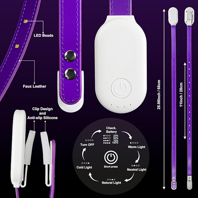 Rechargeable Book Light for Reading, 12 LED Eye-Care Reading Light, 4 Color Temperatures, Stepless Dimming, No Flicker, Evenly Distributed Lighting for Books, Perfect for Reader (Purple)