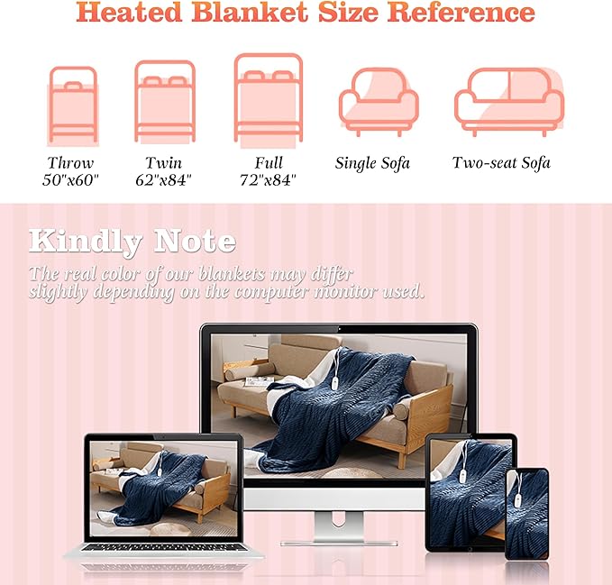 Heated Blanket Electric Throw 50"x60" Heating Blanket 450gsm Ribbed Flannel Sherpa Ultra-Soft with 5 Heating Levels and 4 Hour Auto Off, ETL & FCC Certified Electric Blanket, Great Winter Gift