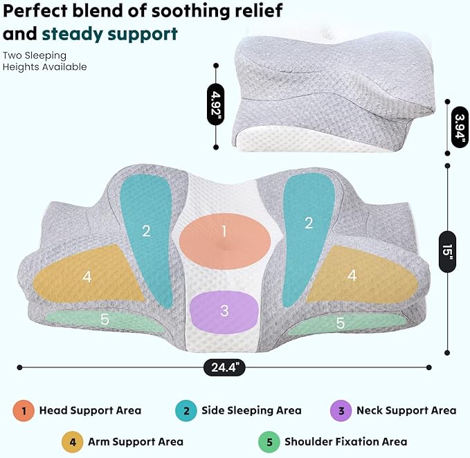 Sweetcrispy Memory Foam Cervical Neck Pillow for Sleeping, Ergonomic Contour Side Sleeper Pillows for Adults, Cooling Orthopedic Pillow for Pain Relief Support, Grey