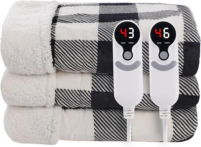 LUXIAN Electric Heated Blanket Queen Size 84"x90" - Flannel & Sherpa Fabric Dual-Sided, 9 Heat Settings & 1-10 Hours Auto Off, Machine Washable, Striped Checkered