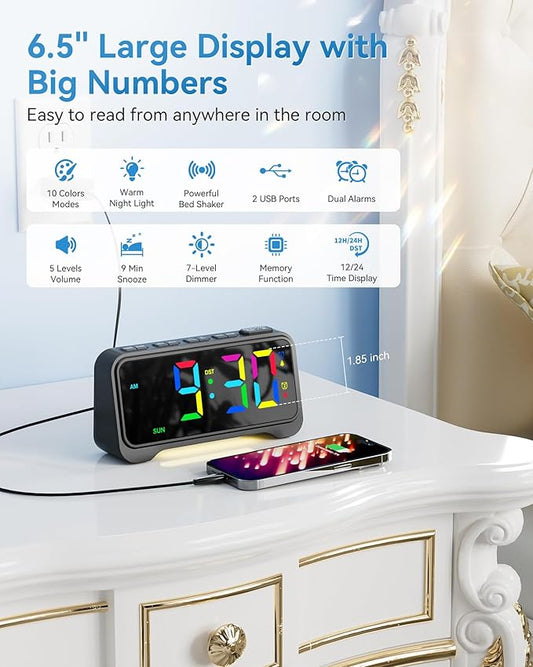 Alarm Clock for Kids Teens, Dynamic RGB Alarm Clock for Bedroom Bedside, Nightstand Desk Clock with Night Light, Large Numbers, 2 USB Phone Charger, Dimmer and Volume Control, Snooze, 12/24Hr