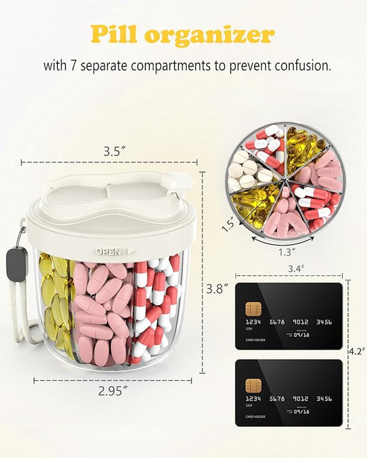 Pill Organizer with 7 Compartments, Pill Box Case for Holding 7 Different Vitamins, Anti-Mix Design for Easy Medication Retrieval. Travel Pill Organizer with 20 Labels. Cute Pill Dispenser( Beige)