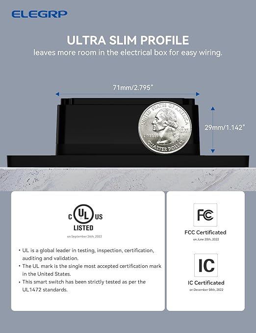 ELEGRP Smart Dimmer Light Switch DTR30, Single Pole or 3 Way, 2.4GHz Wi-Fi Touch Dimmer Compatible with Alexa/Google Assistant, Needs Neutral Wire, No Hub Required, UL Listed, Matte Black, 6 Pack