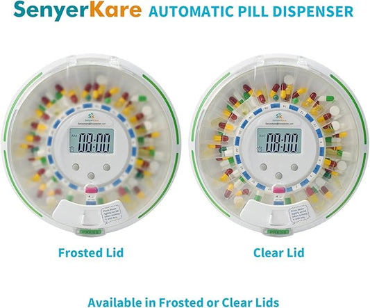 Automatic Pill Dispenser with Alarm, Flashing Light and Sound, 28 Day Pill Dispenser Machine for Elderly, Frosted Lid with Safety Lock, Medication Dispenser Improving Your Pills Privacy