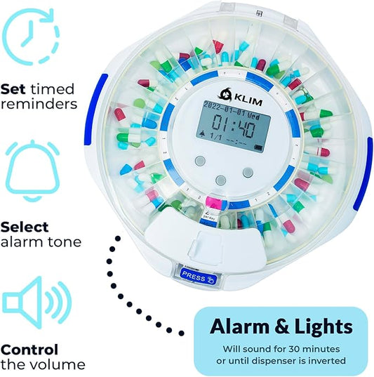 KLIM Smart Pill Dispenser with Alarm - WiFi Monitoring App - 28-Day Automatic Medicine Dispenser for Elderly & Alzheimer’s Care - Lock Key - New Version