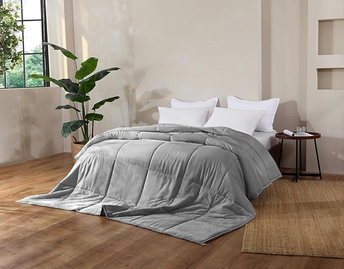 NATUREFIELD Lightweight Bamboo Quilt King Size – Cooling Summer Comforter Only, Rayon from Bamboo Cover, Breathable Box Stitch Spring Bedding with 200g Fill (125 GSM), 106x90 Inch, Gray