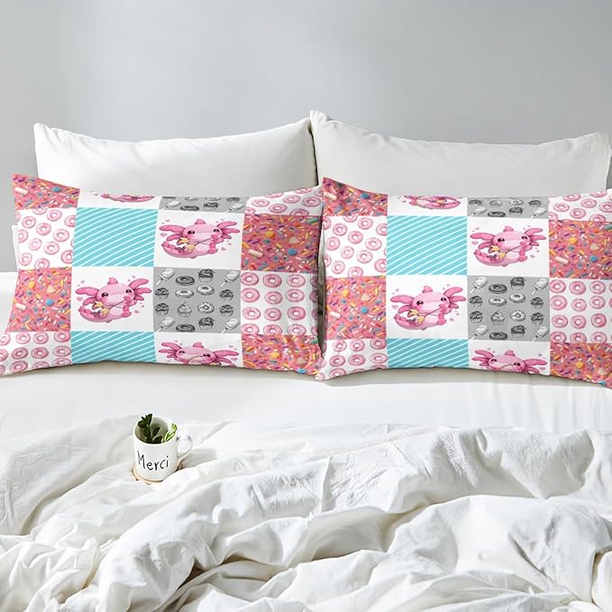 Axolotl Fitted Sheet Queen,Kawaii Donut Animals Splicing Geometric Bed Sheet 3 Pieces Fits Mattress(No Flat Sheet),Pink Blue Sweet Candy Decorative Fabric Bedding All-Round Elastic Pocket