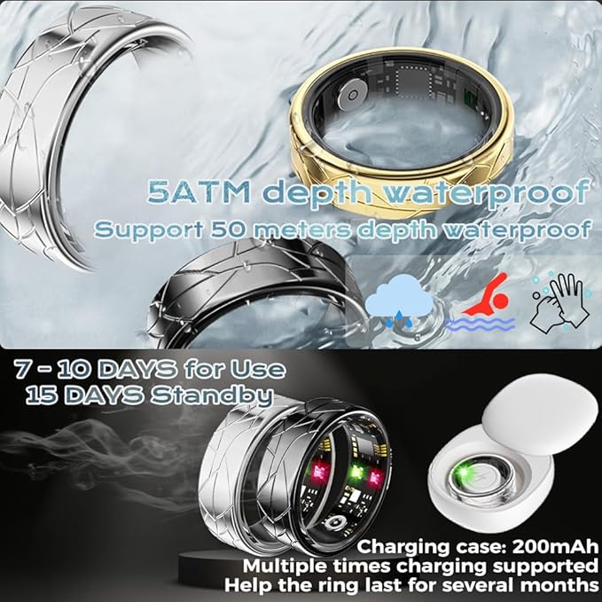 Smart Ring Fitness Tracker Sleep Tracking Heart Rate Monitor Pedometer, Waterproof Activity Tracker Fitness Ring Steps Counter, Gesture Controls for Short Video, 8 Days Last, Silver, #12