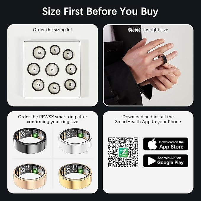 Smart Health Ring for Women Men, Fitness Tracker Ring with Heart Rate, Blood Oxygen, Sleep Tracker, Step Tracker, No Subscription Fee, IP68 Waterproof Smart Ring for iPhone & Android (Black, 8#)