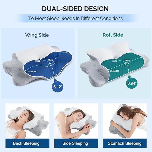 Cervical Pillow for Neck Pain Relief,Ergonomic Cooling Dual-Sided Orthopedic Neck Pillow with Ice Silk Pillowcase, Breathable Memory Foam Contour Pillow for Side, Back, Stomach Sleepers