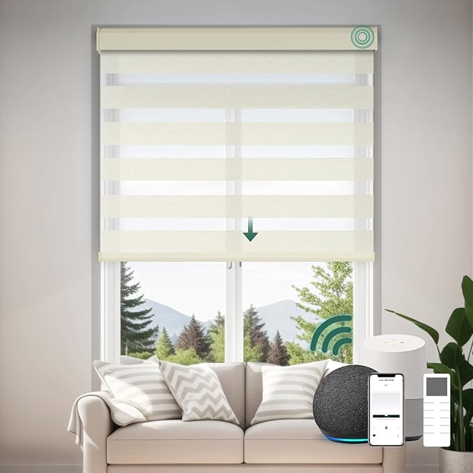 Motorized Zebra Blinds, Cordless Blackout Window Shades with Remote, Custom Dual Layer Smart Roller Shades Compatible with Alexa Google Assistant, Automatic Light Filtering Blinds,Luxury Beige