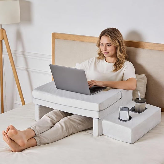 Sweetcrispy Extra Large Reading & Gaming Pillow with Coaster - Adjustable Lap Desk for Reading, Gaming, Working & Writing, Arm Rest for Adults on Bed/Sofa/Floor/Couch, Grey