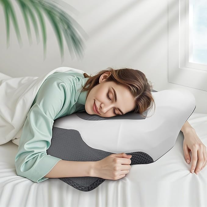 Cervical Neck Pillow for Sleeping, Memory Foam Pillow for Neck Support, Ergonomic Pillow for Pain Relief, Contour Bed Pillow for Side Back Stomach Sleepers, Grey, King Size
