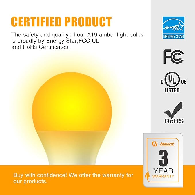 Neporal Amber Sleep Light Bulb – 1800K Blue Light Blocking LED Bulb, UL Listed, 9W Energy Saving Warm Night Light for Bedroom, Bedside, Kids Room, Relaxing Bedtime Use, 2 Pack