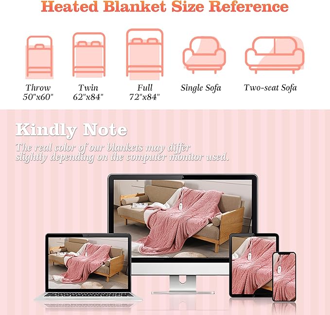 Pink Heated Blanket Twin Size Electric Blanket - 62x84'' Electric Heating Blanket with ETL and FCC Certification, Washable Heated Blanket for Office, Flannel & Sherpa, House Warming Gifts New Home