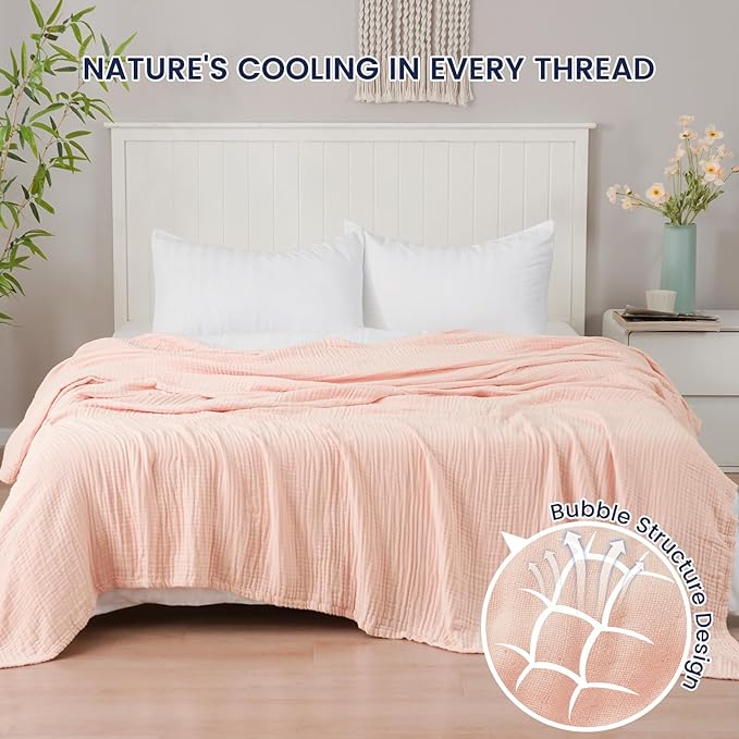 PHF Cooling Muslin Queen Blanket for Hot Sleepers, 60% Viscose from Bamboo, 40% Cotton for and 4-Layer Breathable Gauze Blanket for Bed Couch, 90"x90", Pink Rose