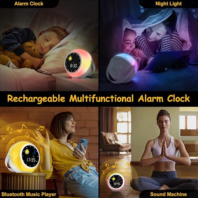 Alarm Clock for Kids, Bluetooth Music Player&Digital Clock, Sleep Sound Machine for Kids Bedroom, Kids Alarm Clock Sleep Trainer with Wake up Light, Ok to Wake Clock for Kids
