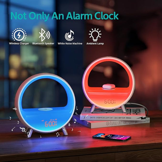 MOMILLA Sunrise Alarm Clocks with Bluetooth Speaker, White Noise Sound Machine with with Wireless Charging Station, 11 Lights Effects Night Light, Wake up Light Sunset Lamp Bedrooms for Adults Kids