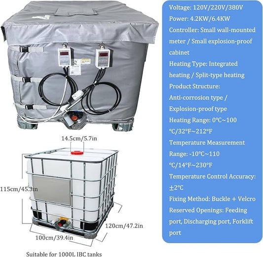 Ibc Heater Blanket, Ibc Tote Winter Blanket, Smart Temperature Control Up To 100°c, 500l/1000l, Heating Pad For Winter With Thermostat, For Petroleum, Chemical, Food Processing Grey 1000L 4200W