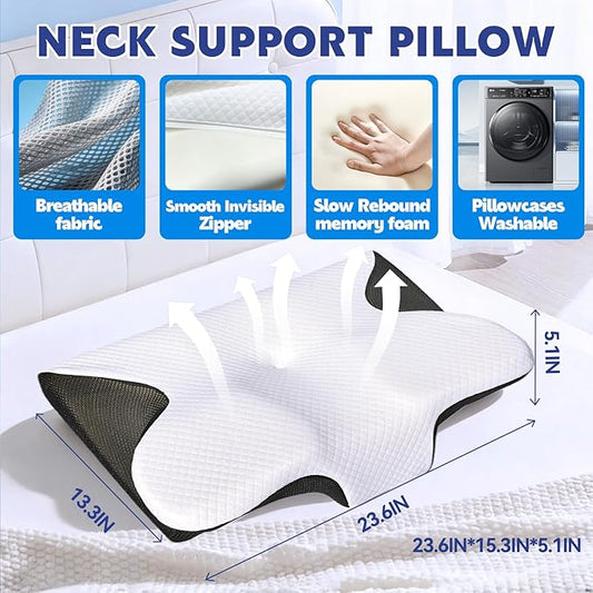 Cervical Neck Pillow for Sleeping Ergonomic Sleep Apnea Pillow with Memory Foam Neck Support Pillow for Back Side Stomach Sleepers with Pillowcase (Black)