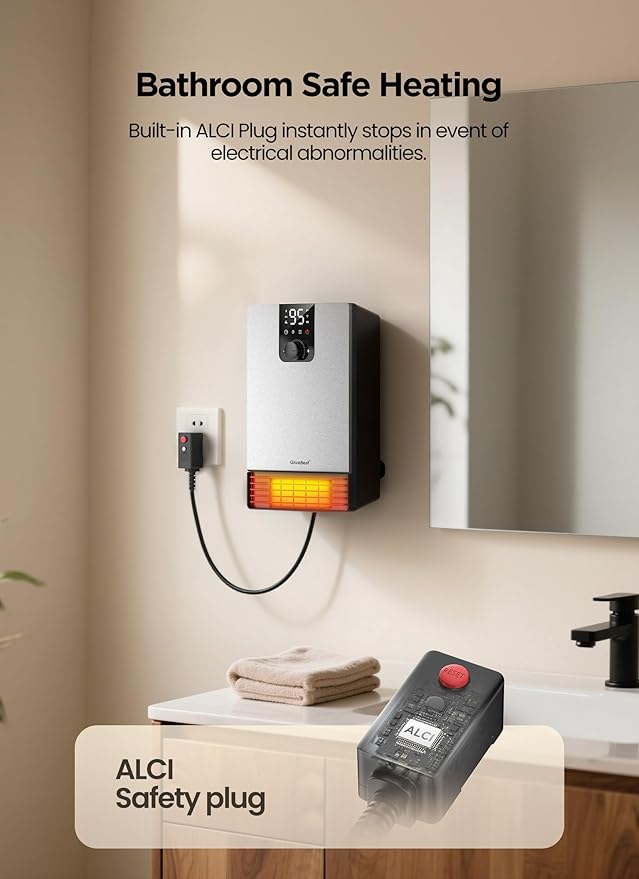 Wall Heater for Bathroom, 1500W Fast Heating Electric Space Heater with ALCI Plug, Adjustable Thermostat, 3 Heating Modes, 24H Timer, Easy Mounted Heater for Indoor Use, Home, Office, Silver