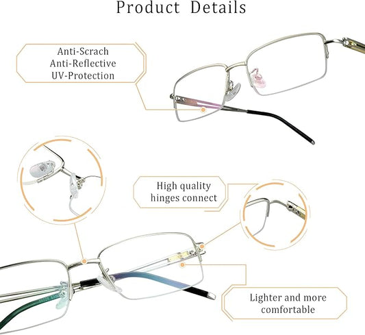 LifeAr Reading Glasses,Blue Light Blocking Alloy Semi-Rimless Glasses, Anti Eyestrain, Computer Gaming Glasses, TV Glasses for Men, Anti Glare (Silver, 3.50 Magnification)