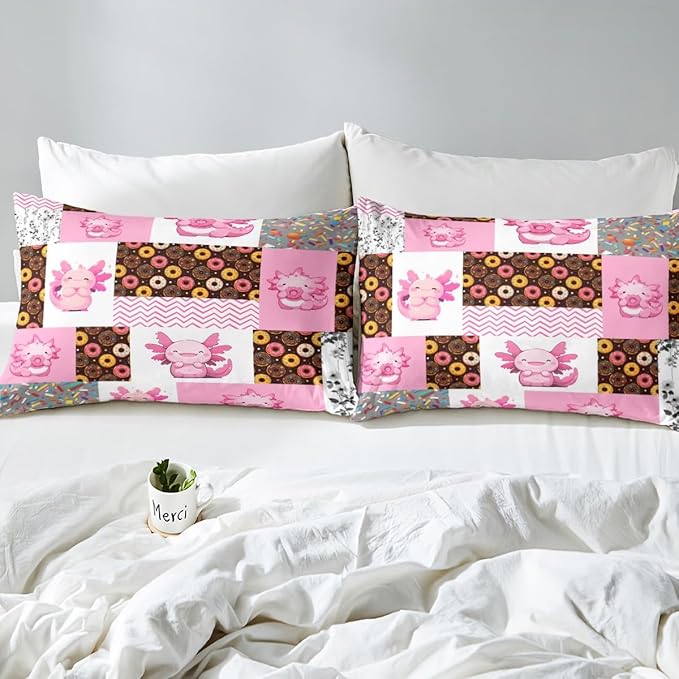 Pink Axolotl Fitted Sheet Queen Size,Sweet Donut Summer Candy Pattern Bedding All-Round Elastic Pocket,Cute Undersea Animal Pink Patchwork Bed Sheet 3 Pieces Fits Mattress(No Flat Sheet)