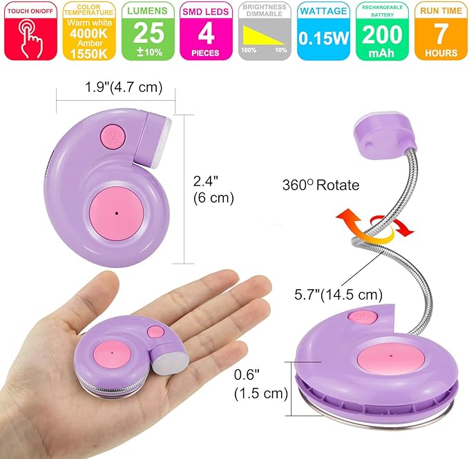 Kids Rechargeable Book Light, Clip on Reading Light for Kid, Kids Reading Lights, Amber Book Light for Reading in Bed, 2 Lighting Modes, Blue Light Blocking, Bookmark Light for Bookworms-Violet