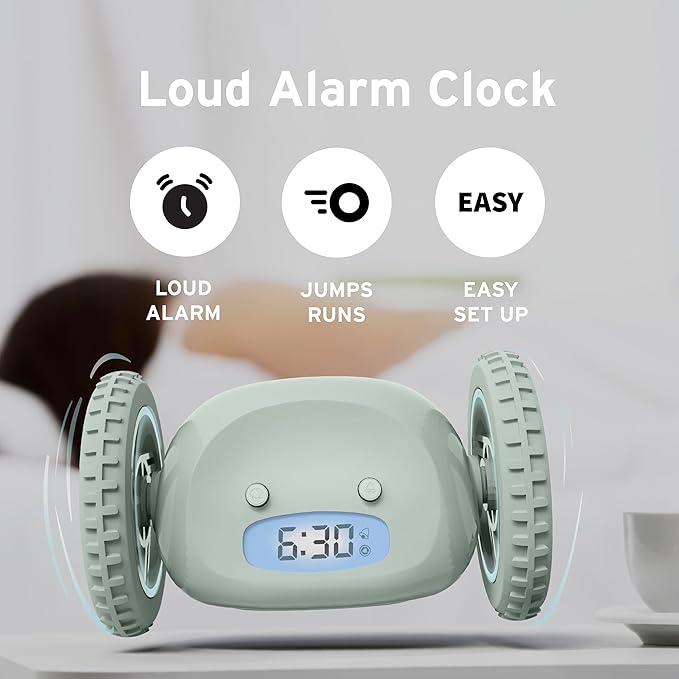 CLOCKY Alarm Clock on Wheels – Loud Rolling Alarm Clock for Heavy Sleepers | Runaway Clock That Jumps & Runs to Wake You Up | Funny Unique Gift for Adults, Teens & Kids Bedrooms (Sage)