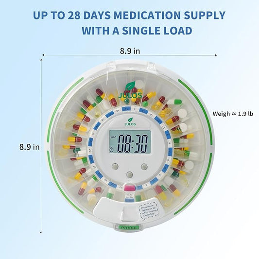 JULOS Locked Automatic Pill Dispenser with Sound & Light Alerts for Elderly, 28-Day Electronic Medication Organizer, up to 6 Alarms/Day, 6 Dosage Rings, Pill Dispenser for Vitamins & More, Clear Lid