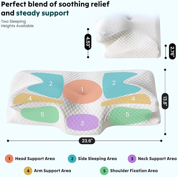 Sweetcrispy Memory Foam Cervical Pillow, 2 in 1 Ergonomic Contour Orthopedic Pillow for Neck Pain, Contour Side Sleeper for Adults, Orthopedic Neck Support for Back Stomach Sleepers, White