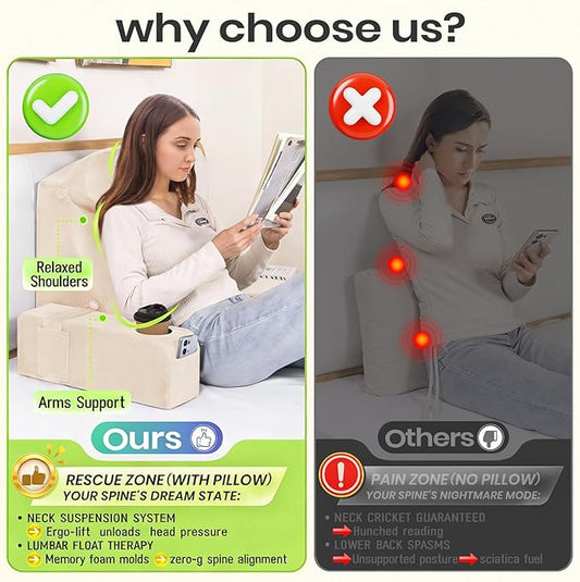 AS AWESLING 19 INCH Reading Pillow for Adults, Back Pillow for Bed Sitting Up, Backrest Pillow for Sitting in Bed, Detachable Arms with Built-in Cup & Phone Caddy (Beige, 19 INCH)