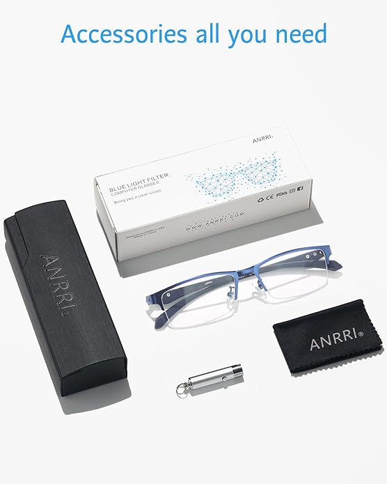 ANRRI Blue Light Glasses for Men Semi Rimless Rectangle Metal Frame UV Blocking Computer Glasses