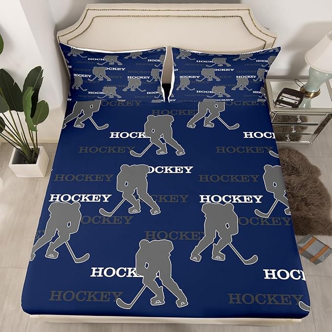 Manfei Hockey Players Kids Sheet King Size, Easy Wash Bedding Set,Competitive Games Teamwork Boys Girls Room Decor,Dark Blue Gray Sheet(Fitted+Flat+2 Pillowcases)