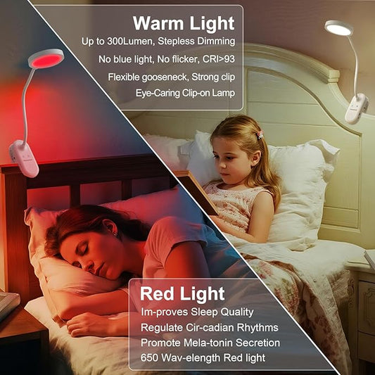 Red Light Therapy Lamp for Sleep, 625nm Sleep Aid Lamp with Dual-Mode, LED Happy Lamp 4500K, Rechargeable Clip on Red Night Light with Timer & Dimmable for Bedroom/Reading/Deep Relaxation