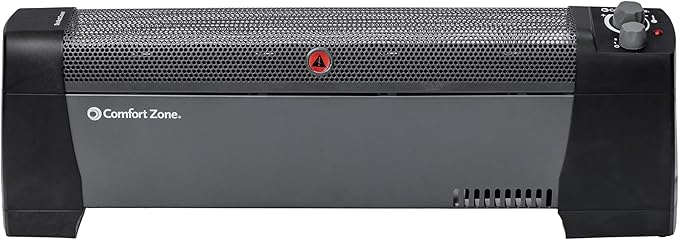 Comfort Zone 1500W Convection Baseboard Heater – Silent Portable Electric Space Heater with Adjustable Thermostat, 2 Heat Settings & Safety Tip-Over Switch – Black