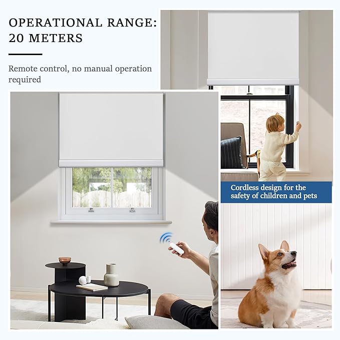 Grandekor Motorized Roller Shade with Remote Control,Motorized Blinds 100% Blackout Electric Shades, Cordless Window Blinds Shades for Bedroom Living Room Office,White,W39 xH72