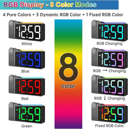 Peakeep Projection Alarm Clock for Bedroom Ceiling, Loud for Heavy Sleepers, RGB Nightlight Multi-Color Large Display 5 Brightness Dimmer, Plug in Bedside Electric LED Digital Clock with USB Port