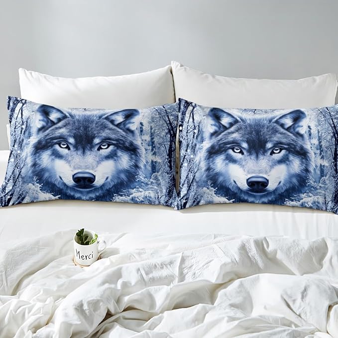 Manfei Wolf Sheet Set Full,Winter Tree Bed Sheet Set 4pcs with Deep Pocket Fitted Sheet + Flat Sheet + 2 Pillowcases Plant Animal Theme Soft Warm Bedding Set for Kids Teenss Room Decor