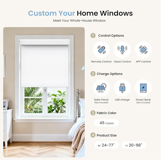 Grandekor No-Drill No Tools Motorized Blinds with Remote | Electric Blackout Smart Roller Shade/APP/Voice Control-for Home Office, Living Room, Customize Color Size