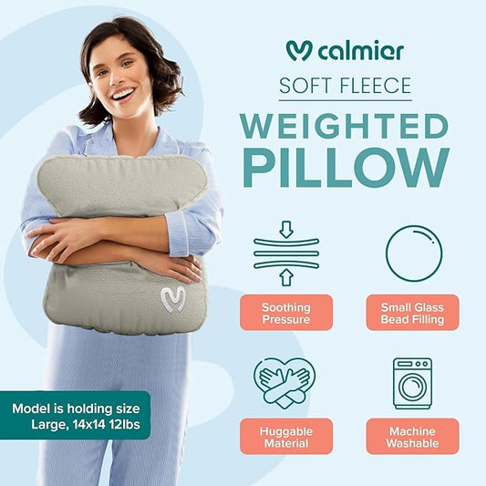 Calmier - 9 lb Sensory Weighted Pillow - Glass Bead Filled Hug Pillow - Ultra Plush Cozy Weight Sensory Pillows for Adults and Kids - Weighted Lap Pad (Tan- Fleece, 9 LBS)